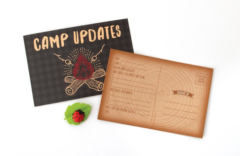 Adventures at Camp kids stationery image of postcard with illustration of a campfire and featuring a ladybug eraser.