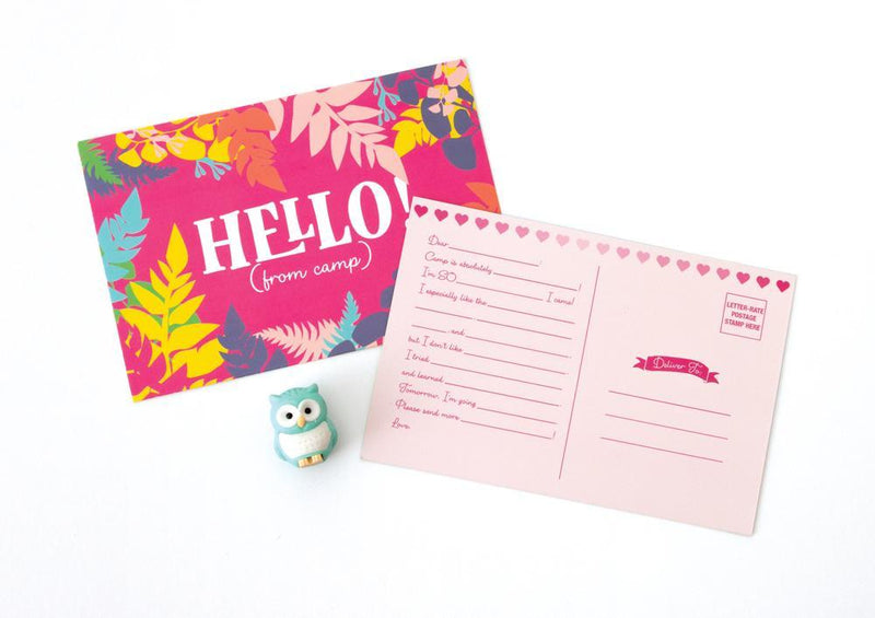 Happy Camper kids stationery image of owl eraser and postcard featuring the word HELLO with colorful leaf illustration.