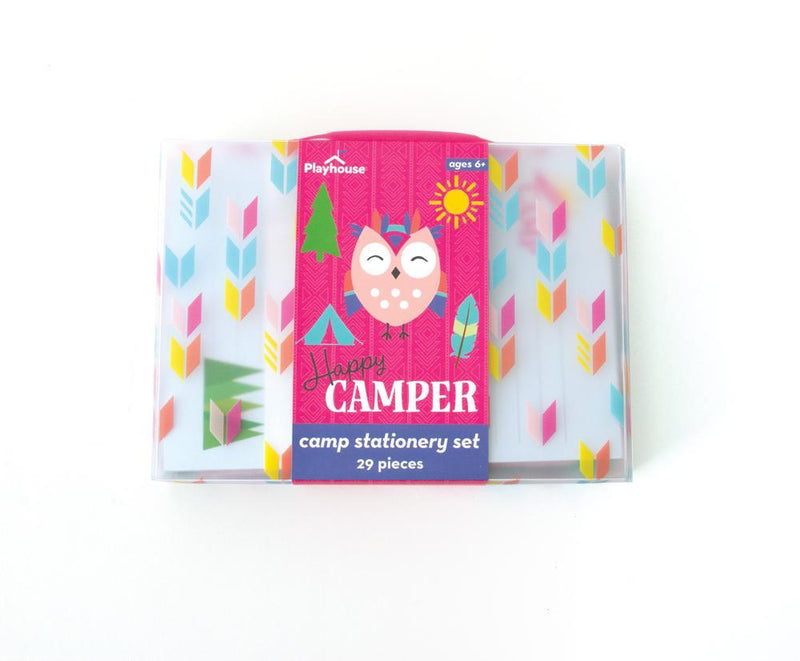 Happy Camper kids stationery  image shows tote package featuring illustrations of an owl, tent, tree, sun and feather.