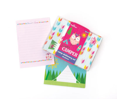 Happy Camper kids stationery image shows tote package and note paper with envelope featuring illustrations of owls, tents and suns.