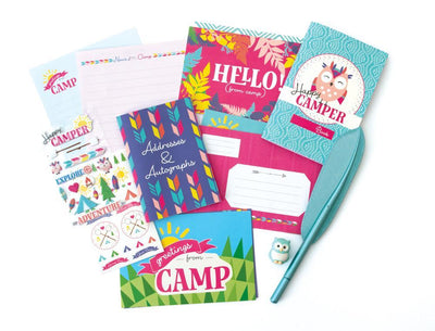Happy Camper kids stationery  image shows note paper, envelopes, address book, sticker sheet, pen and eraser featuring adorable owl, sun and leaves illustrations.