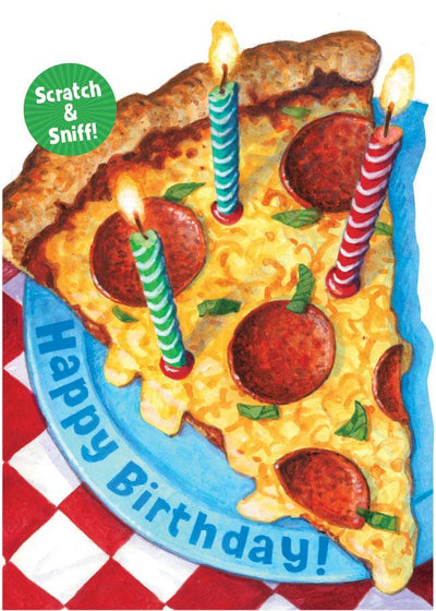 note card featuring an illustrated scratch & sniff slice of pizza with candles in it.