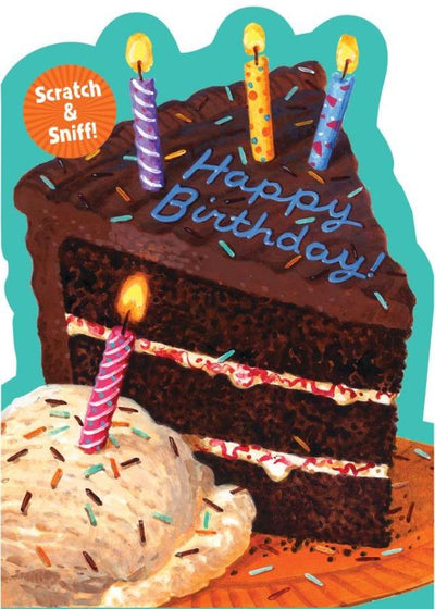 die cut note card featuring a chocolate cake birthday greeting with scratch & sniff.