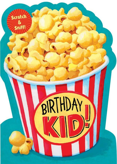 birthday note card featuring a scratch & sniff illustration of a bucket of popcorn on a teal background.