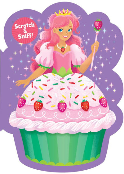 die cut note card featuring a scratch and sniff illustrated princess on a strawberry cupcake, shown on white background.
