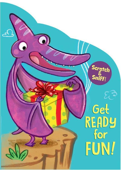 scratch & sniff note card featuring an illustrated, purple pterodactyl holding a gift, shown on a white background.