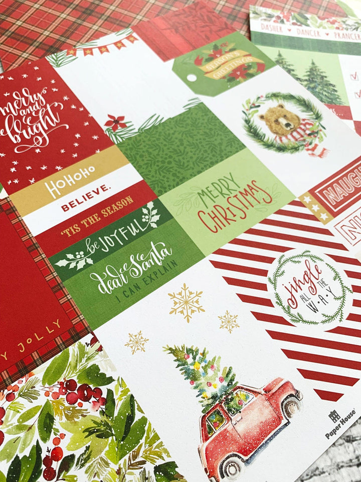 Merry and Bright Tags scrapbook paper image featuring an assortment of papers featuring adorable red and green holiday illustrations.