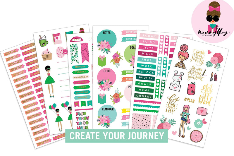 six planner sticker sheets featuring mommy lhey designs shown on white background