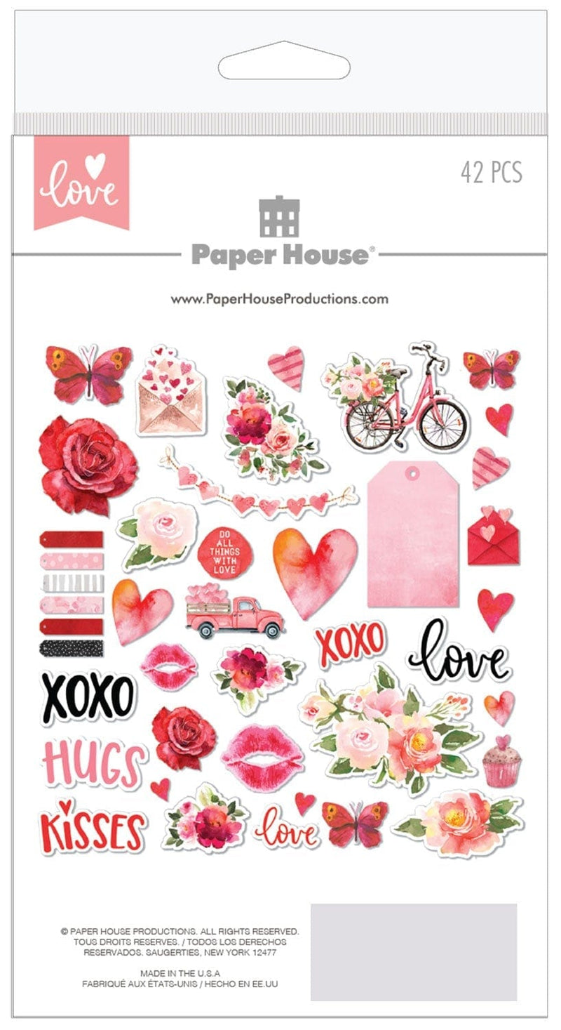 scrapbook diecuts are shown on package back, featuring illustrated pink florals, butterflies and hearts.