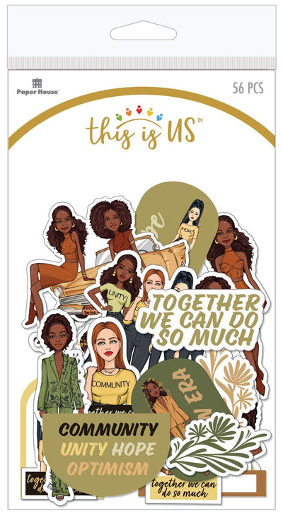 An assortment of scrapbook die cuts shown in package, featuring a diverse group of illustrated women and optimistic sentiments.