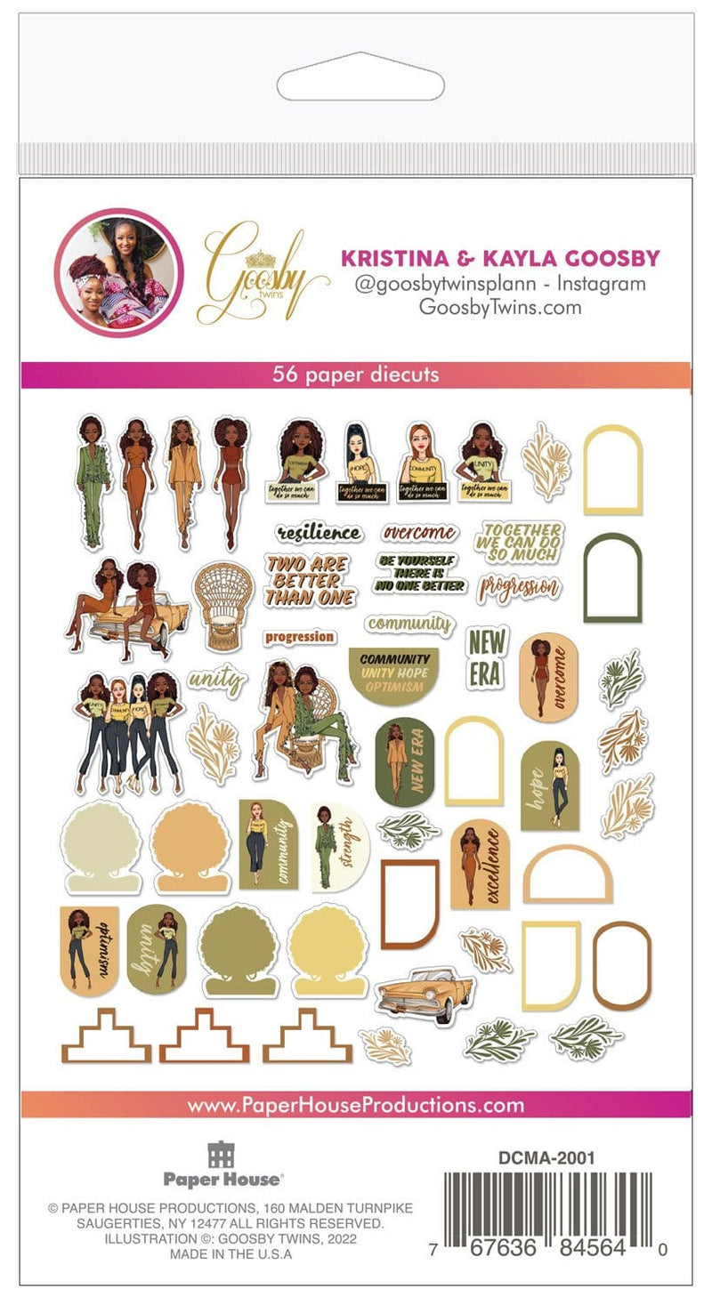 scrapbook diecuts are shown on package back, featuring a diverse group of illustrated women, tags and optimistic sentiments.