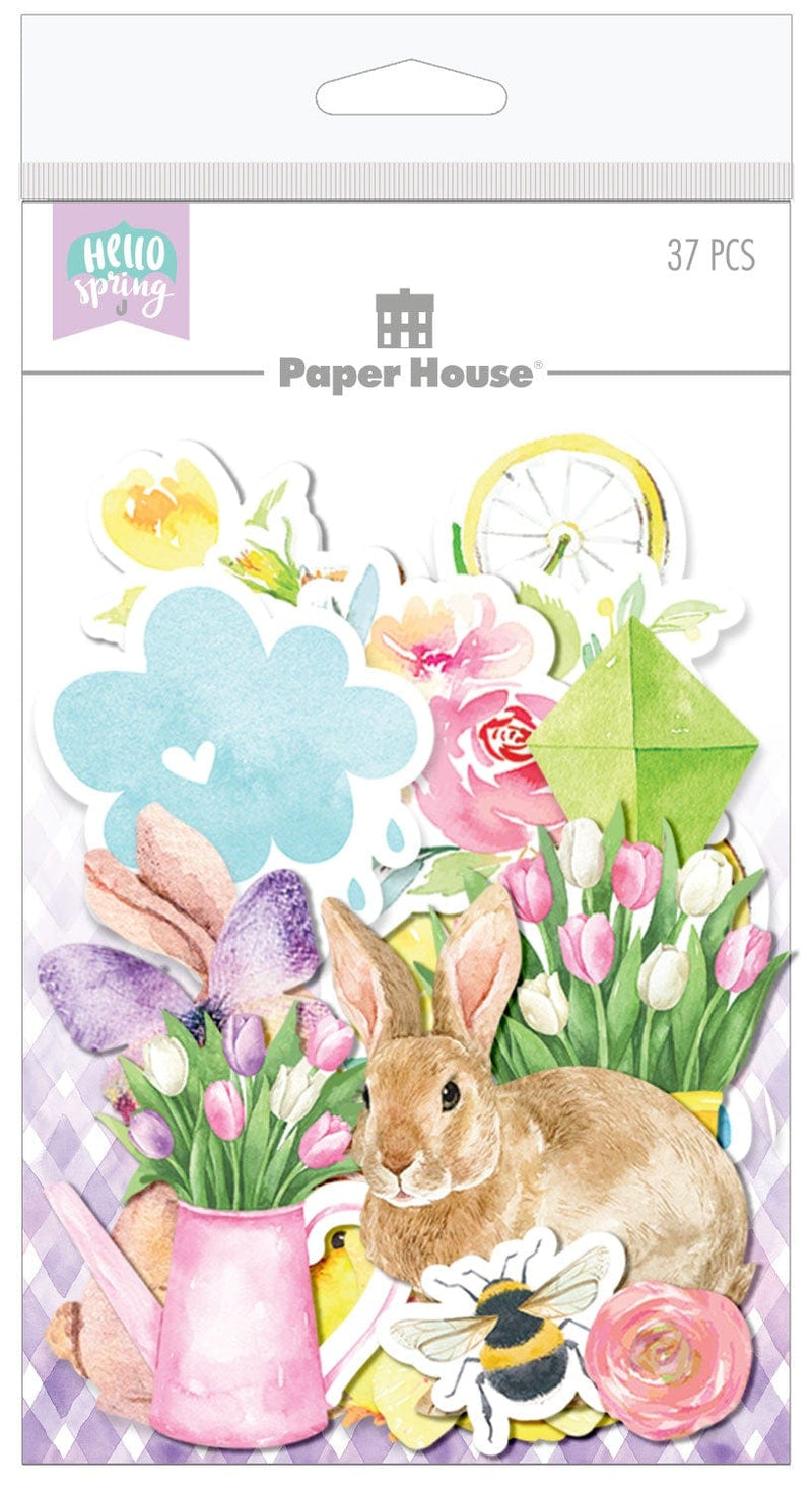 An assortment of spring themed, pastel-colored, scrapbook die cuts are shown in packaging.
