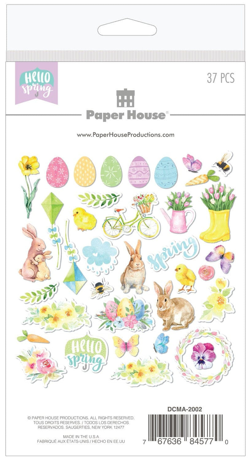 All 37 spring themed, pastel colored, scrapbook die cuts are shown on back of  package.