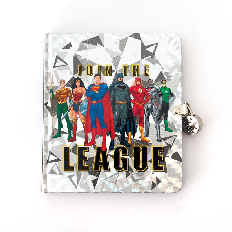 Locking diary image featuring the Justice League characters on a gray patterned background.