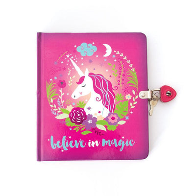 Unicorn locking diary image featuring an illustrated uicorn on a pink background with flowers.