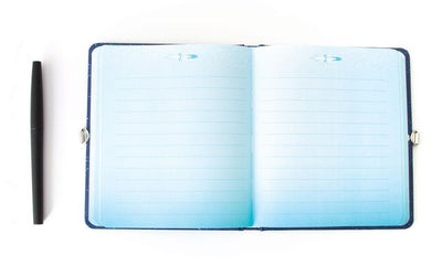 Solar system glow in the dark locking diary shown open featuring light blue lined pages and a black pen.