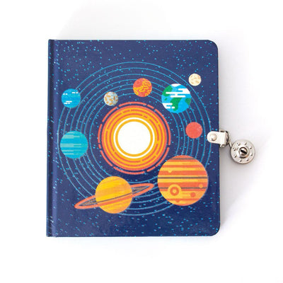 Locking diary image featuring solar system glow in the dark illustration on blue background.