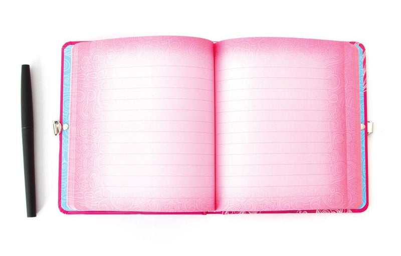 All About Me Glitter locking diary shown open featuring light pink lined pages and a black pen.