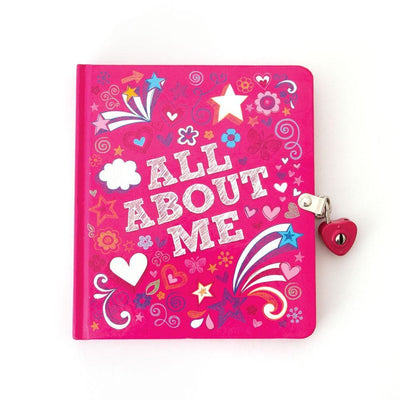 All About Me Glitter locking diary image featuring illustrations of stars and hearts on a pink background.