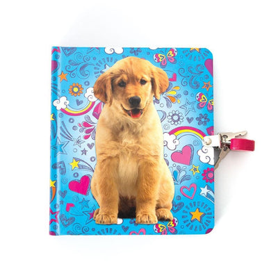 Golden Puppy Doodles locking diary image featuring a photographic puppy on an illustrated blue background.