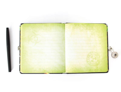 Radioactive Glow in the Dark locking diary shown open featuring light green lined pages and a black pen.