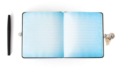 Safe locking diary shown open featuring light blue lined pages and a black pen.