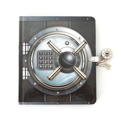 Locking diary image featuring a photorealistic illustration of a safe with a numbered keypad.