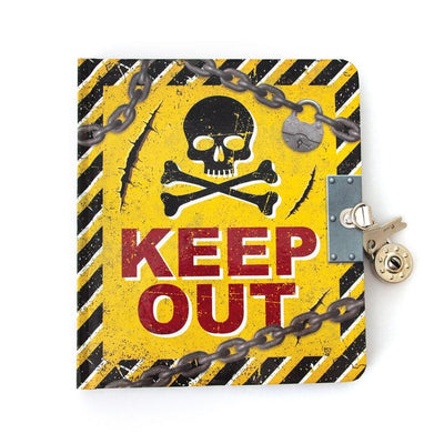 Keep Out Invisible Ink locking diary image featuring a skull and crossbones and chains on a yellow background with the words KEEP OUT.