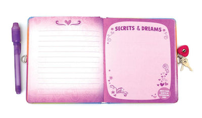 Secrets and Dreams Invisible Ink locking diary shown open featuring a purple lined page and a purple bordered blank page with purple pen.