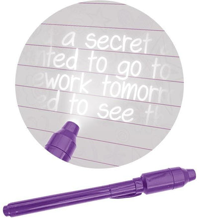 Secrets and Dreams Invisible Ink locking diary image featuring a closeup of the invisible ink words and purple pen.