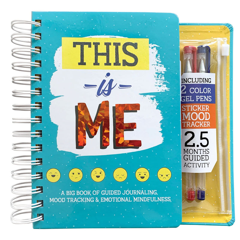 kids journal featuring THIS IS ME on a teal cover with spiral spine and gel pens in clear case, shown on white background.