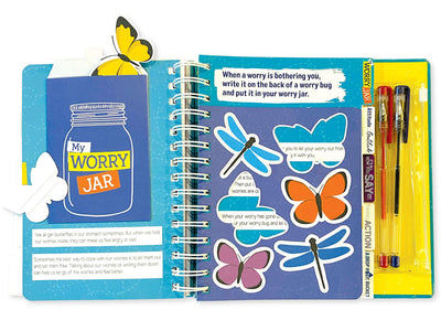 kids journal featuring a colorful open spread with butterfly illustrations and 2 gel pens, shown on white background.