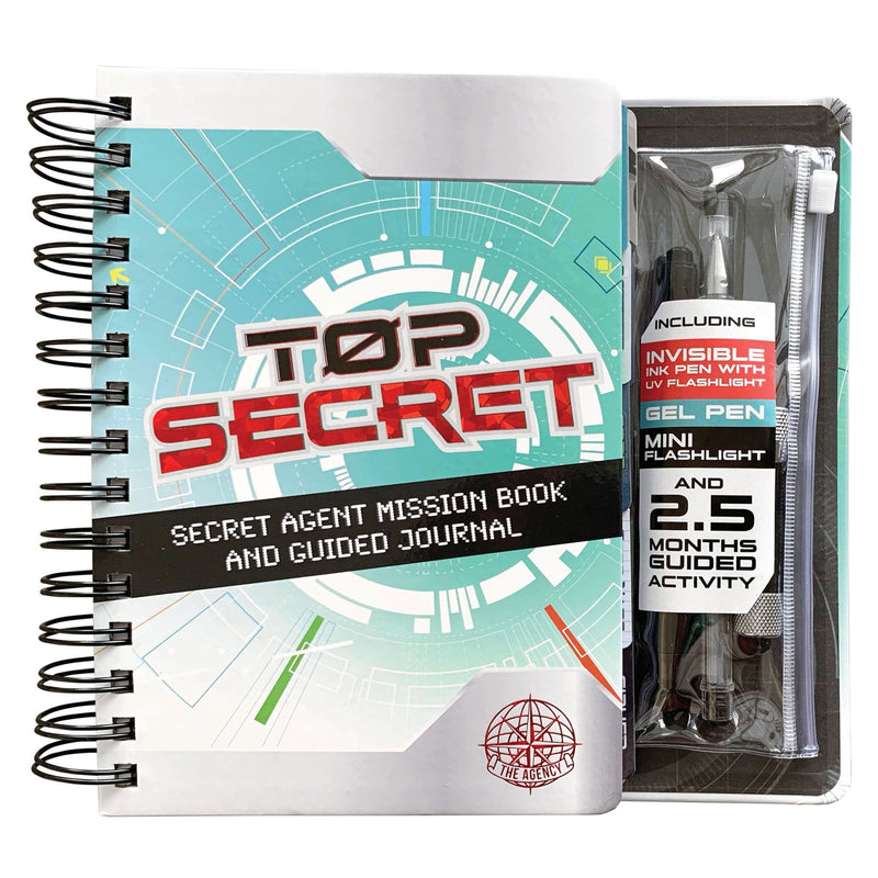 kids journal featuring TOP SECRET cover with black spiral spine and pens inside clear case, shown on white background.