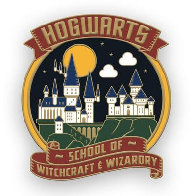 shaped enamel pin with "Hogwarts School of Witchcraft & Wizardry" in gold on red banners. Illustration of Hogwarts castle against a black sky with yellow moon and yellow border with gold details.