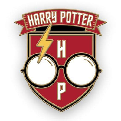 shaped enamel pin with "Harry Potter" in white letters on a red banner. Large white glasses in center with yellow lightning bolt and "HP" on red background. Gold outline details.