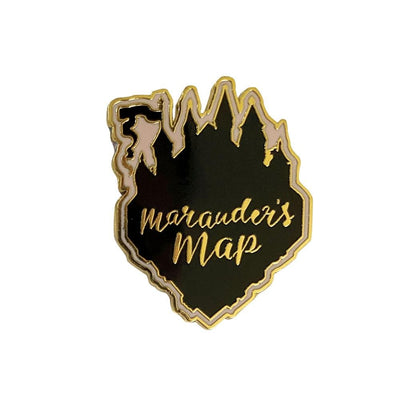 enamel pin featuring the Marauders Map with black and gold details.
