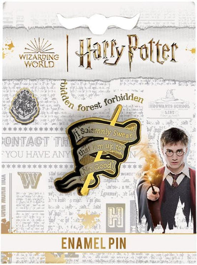 Harry Potter enamel pin shown in packaging, featuring the Solemnly Swear quote with black and gold details.