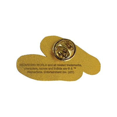 enamel pin image showing the back of Harry Potter Mischief Managed pin featuring the gold clutch and legal information.