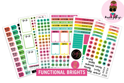 six planner sticker sheets featuring mommy lhey designs shown on white background