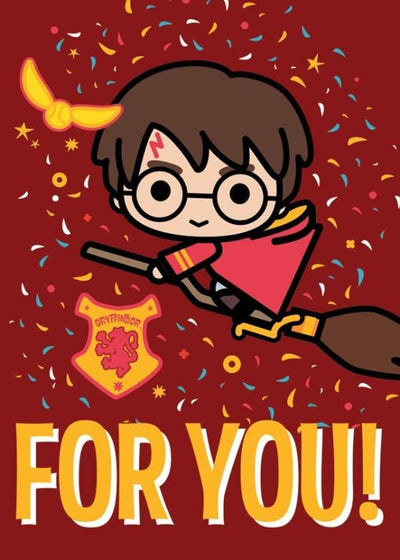 Harry Potter gift enclosure card featuring chibi Harry Potter on a colorful red background.