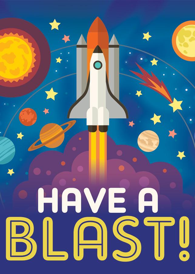 birthday card featuring a colorful illustration of a rocket ship taking off