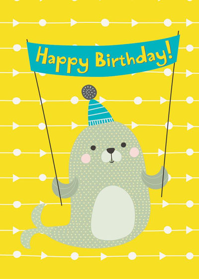 gift enclosure card featuring illustration of seal holding a birthday banner on yellow patterned background.