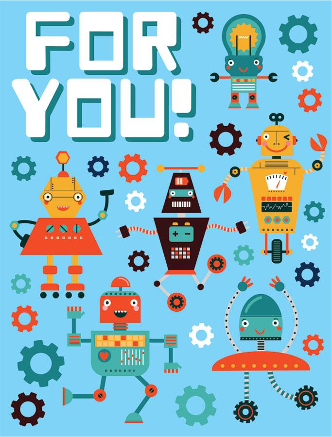 gift enclosure card featuring colorful illustrated robots on blue background.