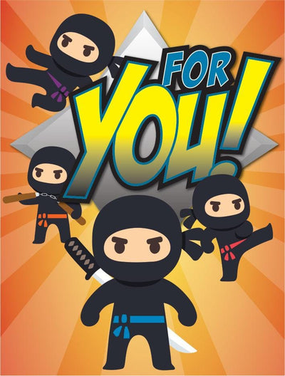 gift enclosure card featuring illustrated ninjas on an orange graphic background.