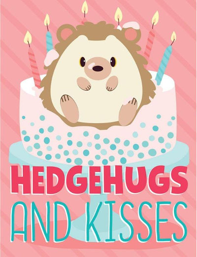 gift enclosure card featuring an illustration of a hedgehog sitting on a birthday cake on a pink background.