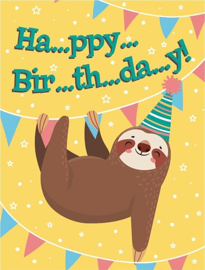 gift enclosure card featuring an illustration of a sloth hanging from a banner on yellow background.