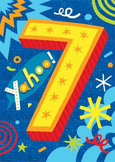 birthday card featuring colorful graphics with age 7 foil details.