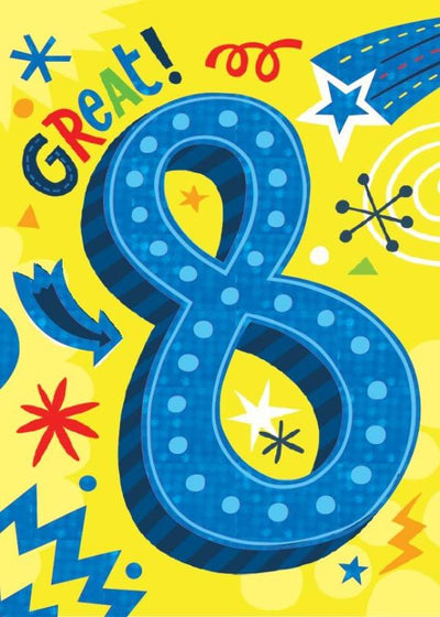 birthday card featuring colorful graphics with age 8 foil details.