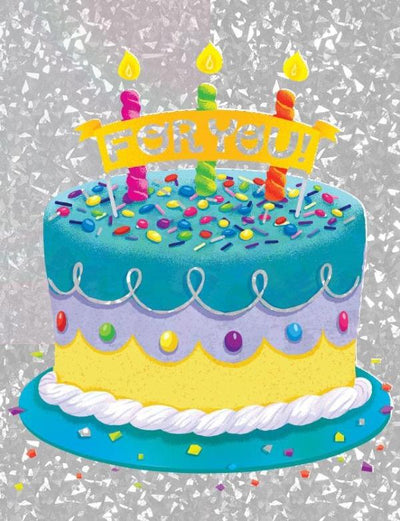 birthday card featuring colorful birthday cake with silver foil background.