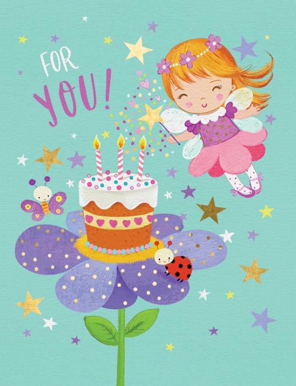 birthday card featuring illustration of fairy, butterfly and birthday cake with foil accents on teal background.